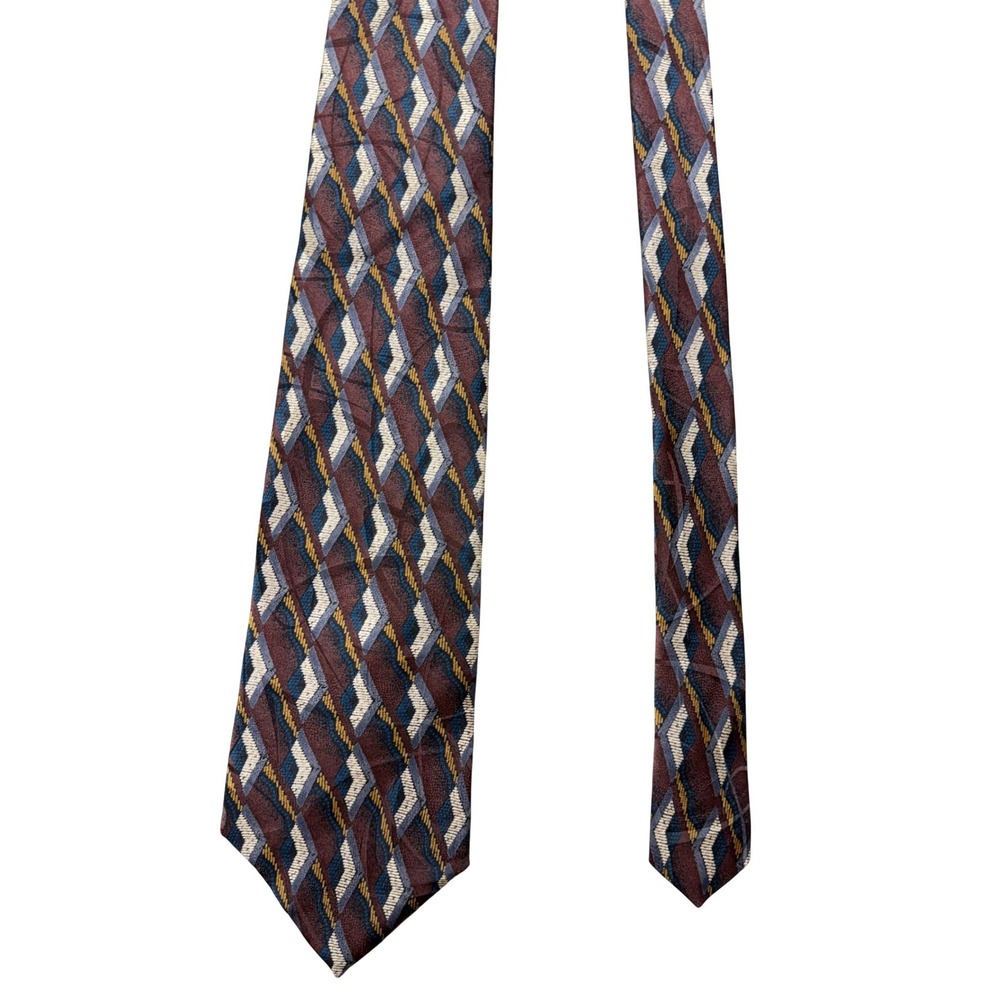 Milano Uomo Mens Silk Tie‎ Geometric Diamond Burgundy Blue Gold Made in USA